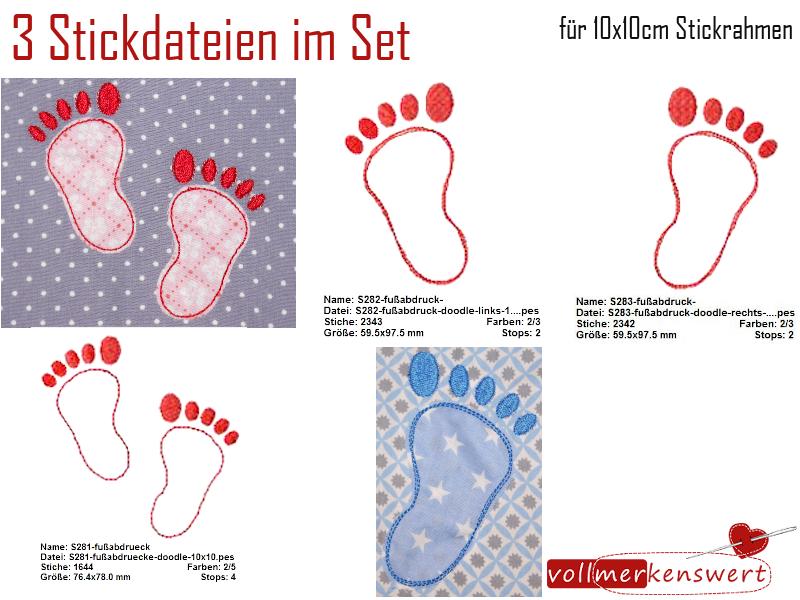 3 Stickdateien im Set Babyfüße im Doodle-Style für den 10x10cm Stickrahmen S281-S283-set-01